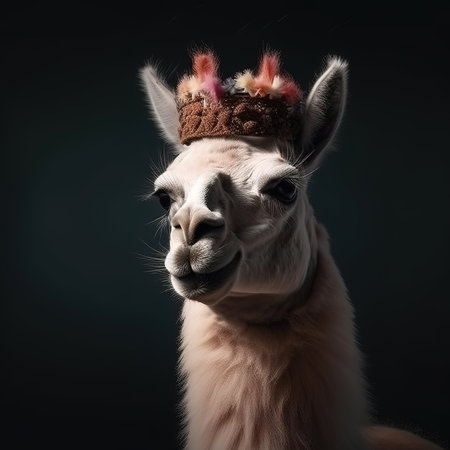 Portrait of a cute alpaca in a crown on a dark backgroundの素材