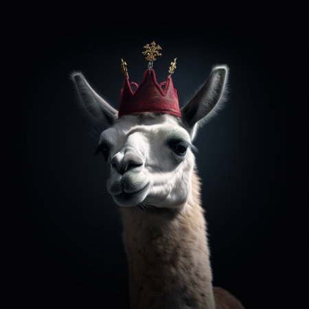 Llama wearing crown on black background. Conceptual image.の素材