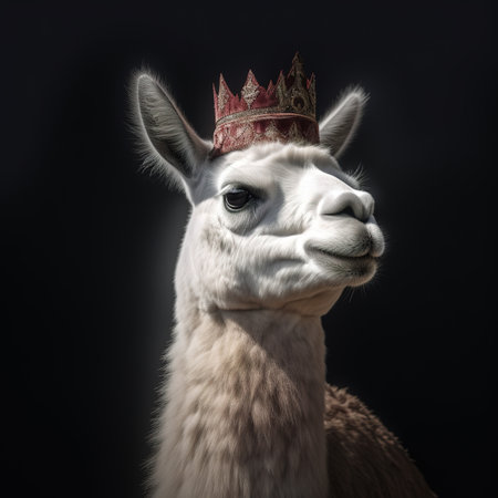 Llama with crown on his head on a black background.の素材