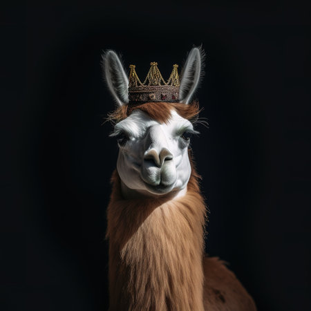 Llama with a crown on his head on a black backgroundの素材
