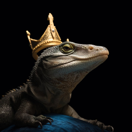 Portrait of a lizard in a crown on a black background.の素材