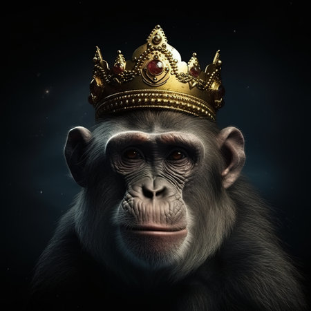 Monkey in a crown on a dark background. Conceptual image.の素材