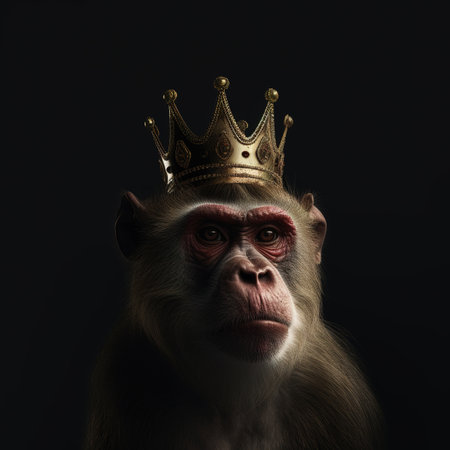 Portrait of a monkey in a crown on a black background.の素材