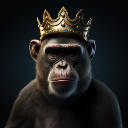Monkey in a crown on a black background.の素材