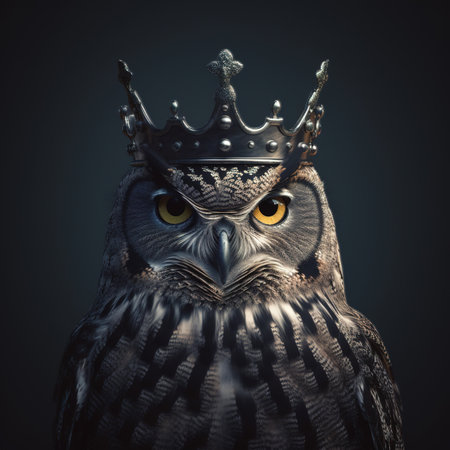 Portrait of a wise owl with crown on his head on dark background.の素材