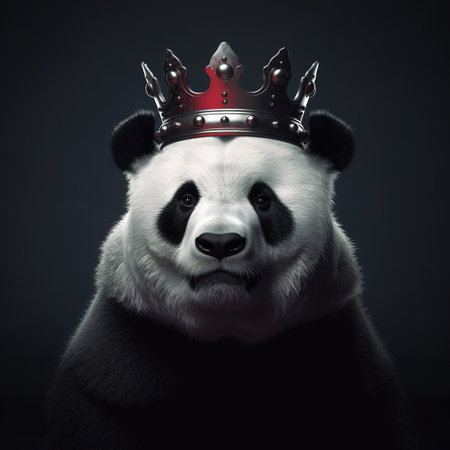 Portrait of a panda in a crown on a black background.の素材