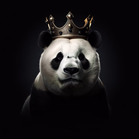 Portrait of a panda king with golden crown on black backgroundの素材