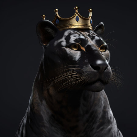 Black panther with golden crown on black background. 3d illustrationの素材