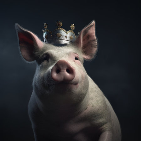 Portrait of a cute pig wearing a crown on a dark backgroundの素材