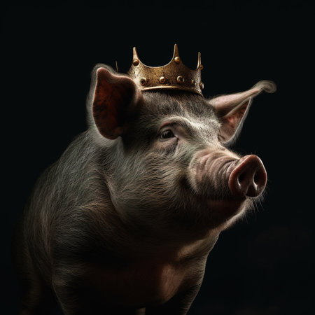 Portrait of a beautiful young pig in a golden crown on a black backgroundの素材