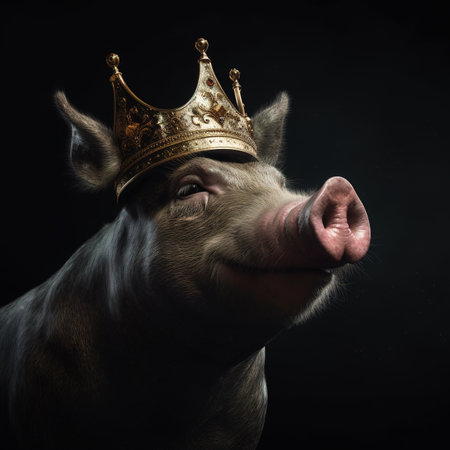 Portrait of a funny pig wearing a golden crown on a black backgroundの素材