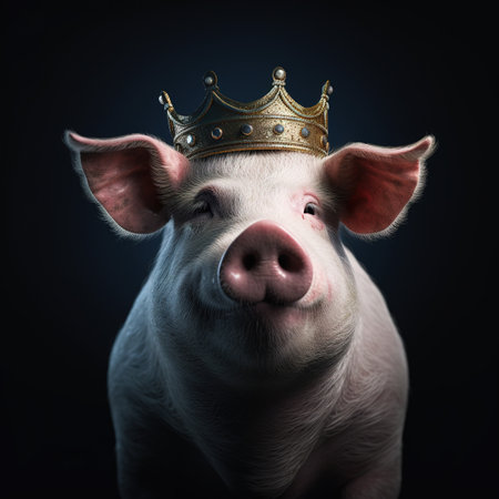Portrait of a funny pig wearing a golden crown on a dark backgroundの素材