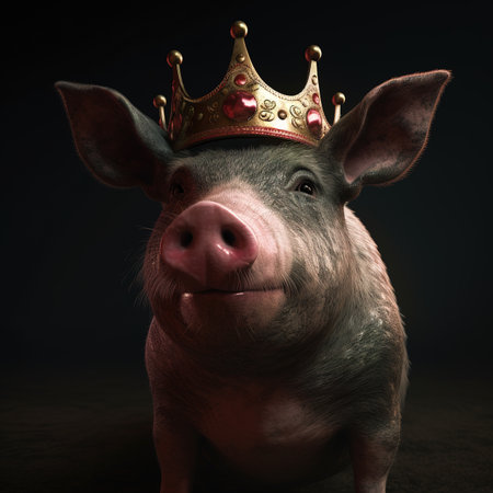 Portrait of a funny pig wearing a golden crown on a dark backgroundの素材