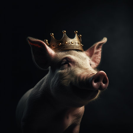 Portrait of a beautiful pig in a golden crown on a dark backgroundの素材