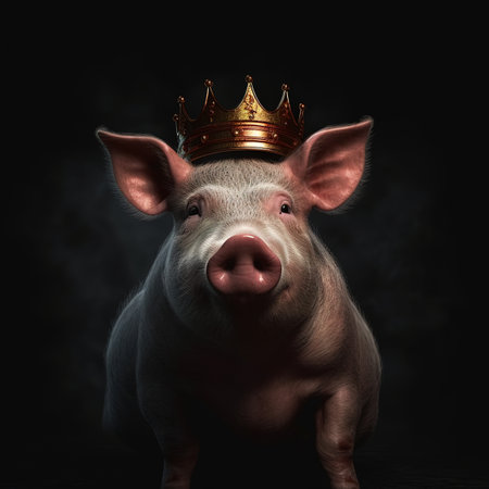 Portrait of a beautiful pig in a crown on a dark backgroundの素材