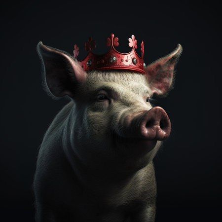Portrait of a beautiful young pig wearing a red crown on a dark backgroundの素材