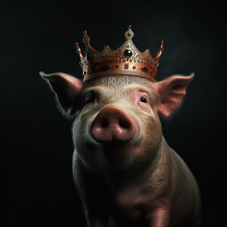 Portrait of a funny pig in a crown on a black backgroundの素材