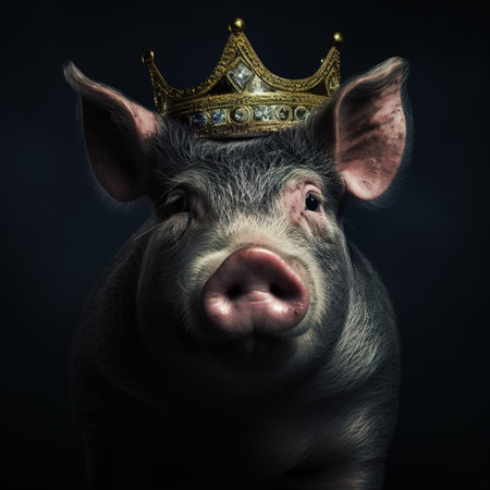 Portrait of a cute pig wearing a golden crown on a dark backgroundの素材