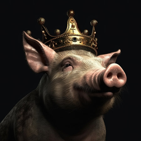 Pig with a golden crown on a black background.の素材