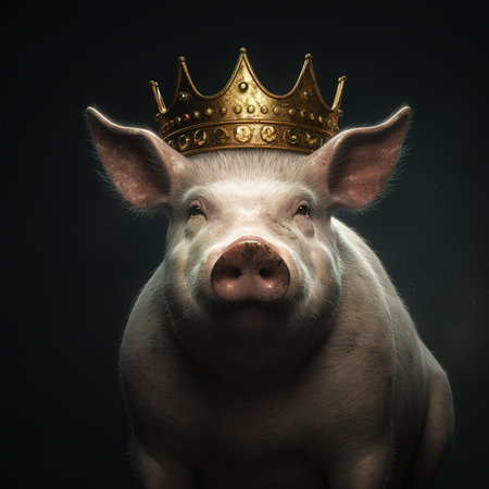 Portrait of a funny pig wearing a golden crown on a dark backgroundの素材