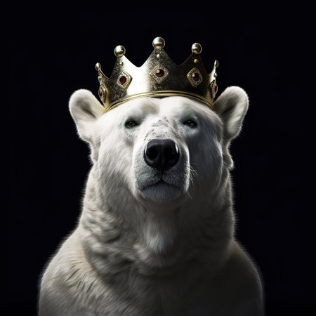 Portrait of a white polar bear in a crown on a black backgroundの素材