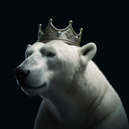 Portrait of a polar bear in a crown on a black backgroundの素材