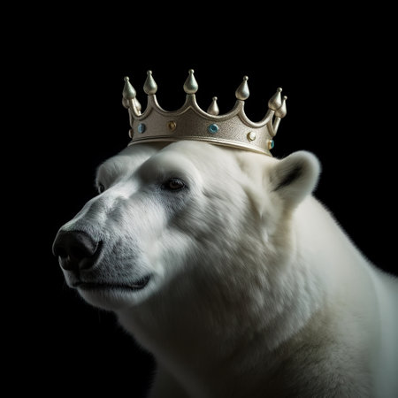 White polar bear in a crown on a black background. Isolate.の素材