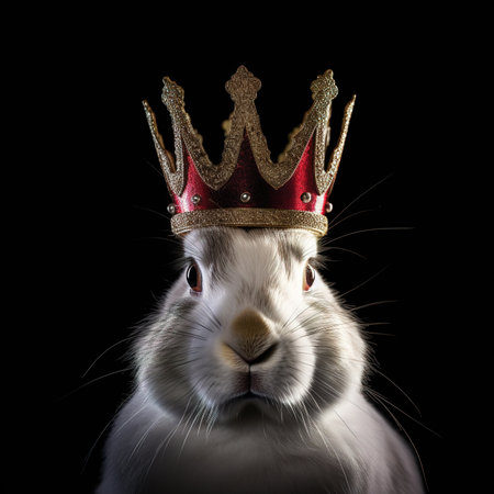 Portrait of adorable white rabbit wearing golden crown on black background.の素材