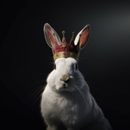 Cute white rabbit wearing a golden crown on a black background.の素材