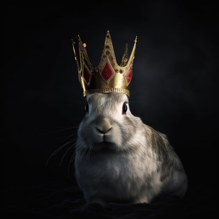 Cute little rabbit wearing a golden crown on a black background.の素材
