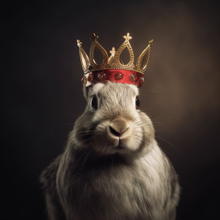 Portrait of a cute rabbit wearing a crown on a dark backgroundの素材