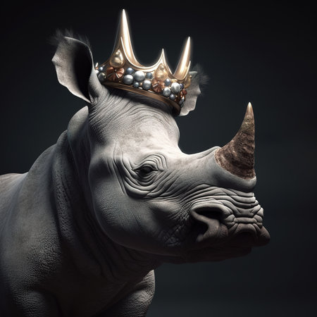 White rhinoceros with golden crown on black background. Studio shot.の素材