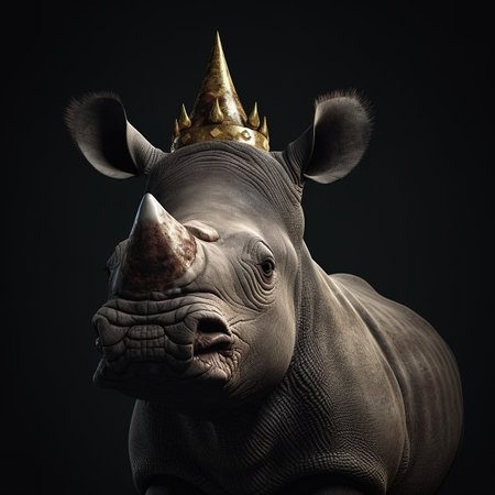 Rhinoceros in a golden crown on a black background.の素材