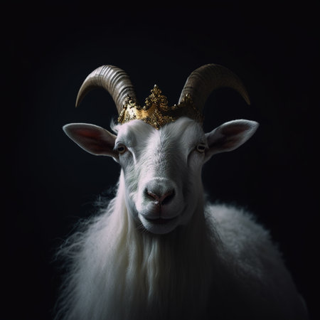 Portrait of a goat with a golden crown on a black backgroundの素材