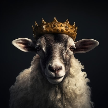 Portrait of a sheep wearing a golden crown on a black backgroundの素材