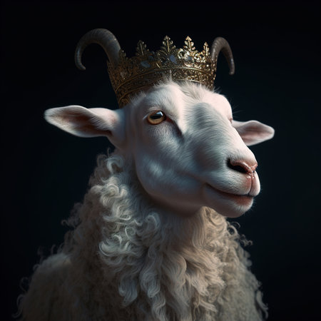 Cute sheep with golden crown on black background. 3d renderingの素材
