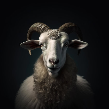 Portrait of a ram with big horns on a black background.の素材