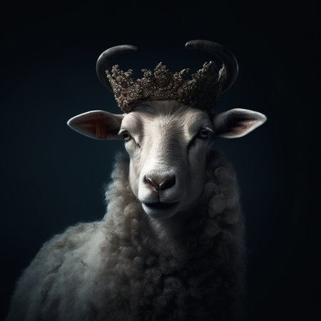 Portrait of a sheep with a crown on his head on a dark backgroundの素材