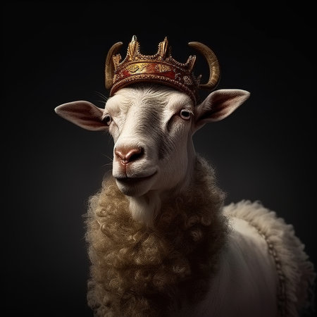 Portrait of a sheep wearing a crown on a black background.の素材