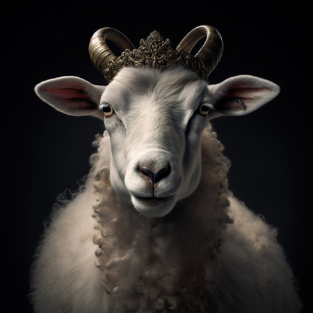 Sheep head with golden crown on dark background. Animal portrait.の素材