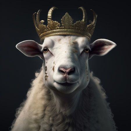Portrait of a sheep in a crown on a black background.の素材