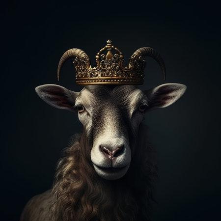 Portrait of a goat with a golden crown on his head.の素材
