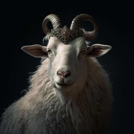 Portrait of a sheep with a horn on a black background.の素材