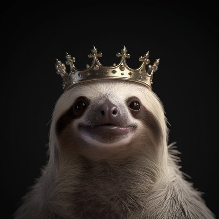 Portrait of cute sloth king with golden crown on black backgroundの素材