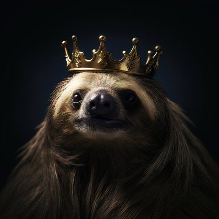 Portrait of a cute sloth wearing a crown on a dark backgroundの素材