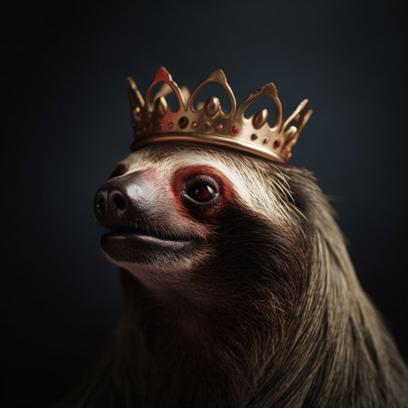 Portrait of a cute sloth in a crown on a dark backgroundの素材
