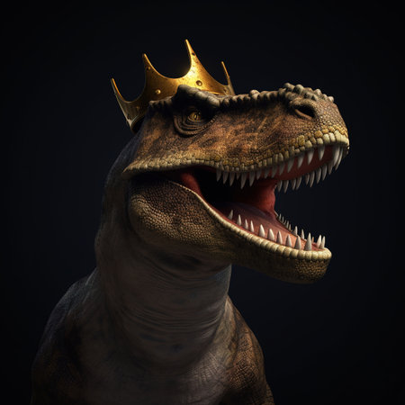 3d render of a dinosaur with golden crown on black background.の素材