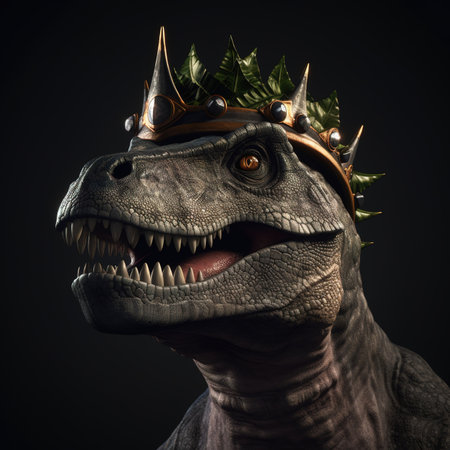 Dinosaur with crown on black background. Fantasy concept. 3d rendering.の素材