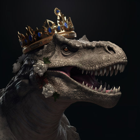 Tyrannosaurus Rex in a crown on a black background.の素材