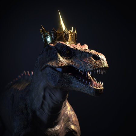 dinosaur in a crown on a black background. 3d renderingの素材